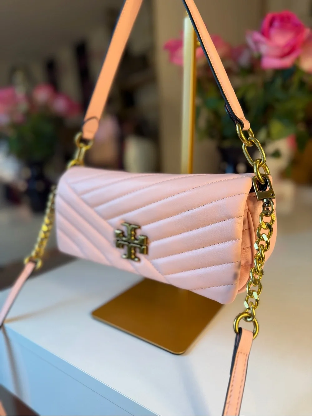Tory Burch Kira Chevron Small Flap Pink Gold Shoulder Bag Logo 💕🛍️